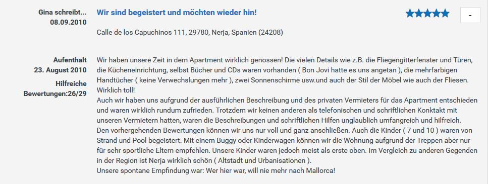 Hotelbewertung Ferienwohnung Capistrano - Capuchinos 111