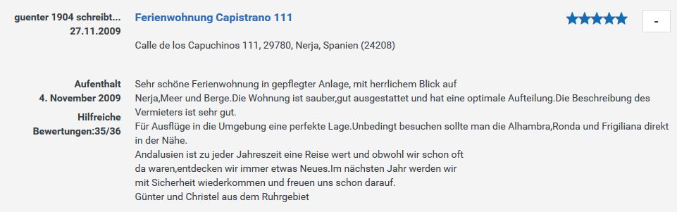 Feriengast - unabhängige Bewertung - Ferienwohnung Nerja, Capistrano 111