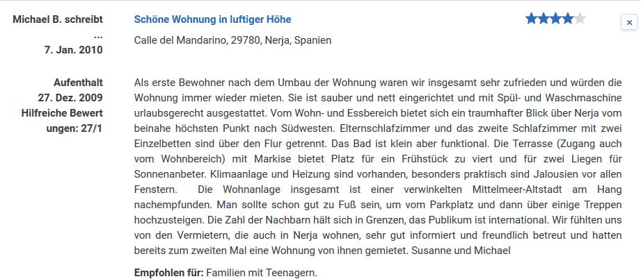 Michael B. Bewertung Ferienwohnung Mandarinos 71 - Irrgang